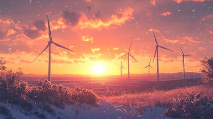 Majestic Wind Turbines Standing Tall Against Snowy Fields in Vibrant Sunset Glow