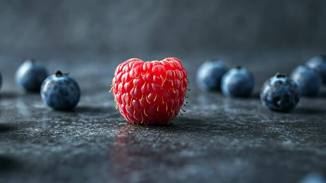 Fresh raspberry stands out among blueberries on dark surface in a close-up display of vibrant colors and textures