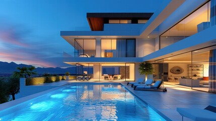 Fototapeta premium Modern Luxury Villa with Pool at Sunset in Beautiful Landscape