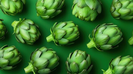 Fototapeta premium Fresh artichokes arranged on a vibrant green background