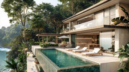 Obraz premium Modern Luxury Villa Overlooking Tropical Ocean View with Pool