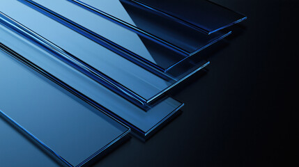 Set of Blue Glass Sheets and Panels Arranged in an Angular Pattern on the Right Side, Featuring Transparent Texture and Blue Gradient Color Against a Black Background