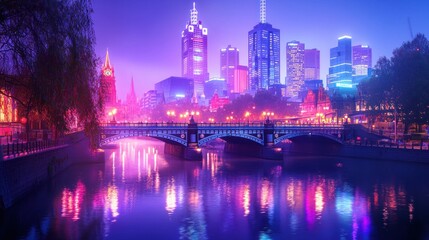 Naklejka premium Night cityscape with bridge reflecting lights in calm water.