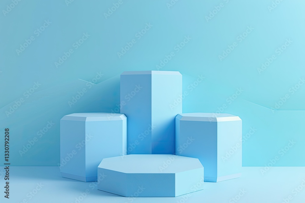 Poster ultra quality picture of light blue 3d hexagonal podiums for minimalist product display