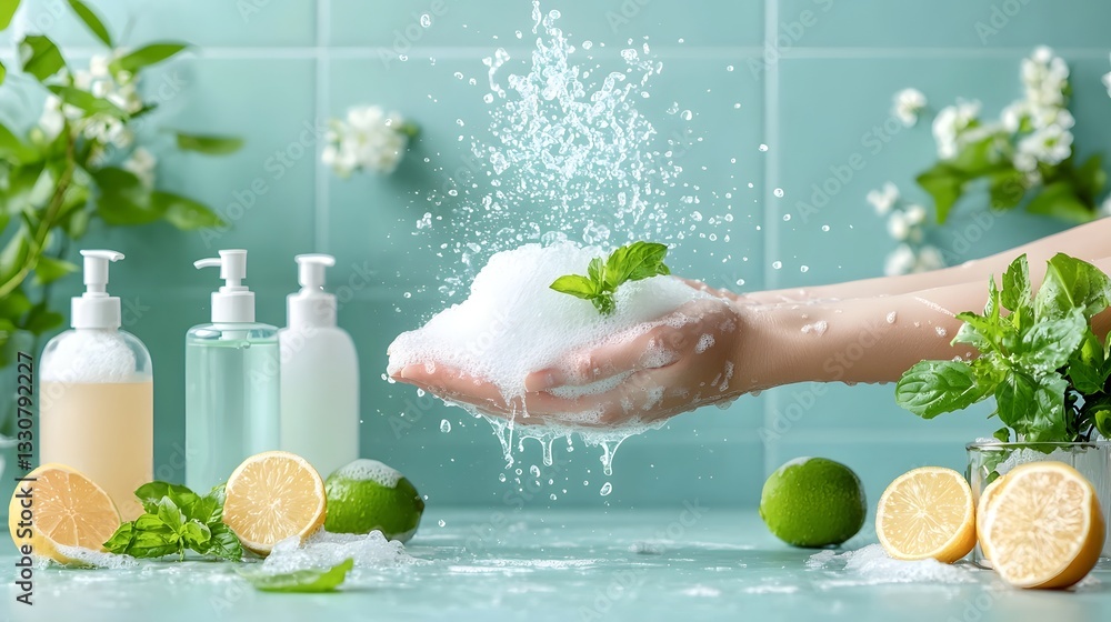 Poster a minimal showcasing the proper step by step handwashing techniques to prevent food poisoning and ma