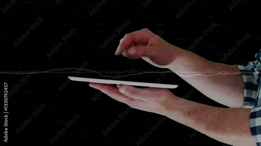 Poster Interacting with digital tablet showing animation of data visualization on screen