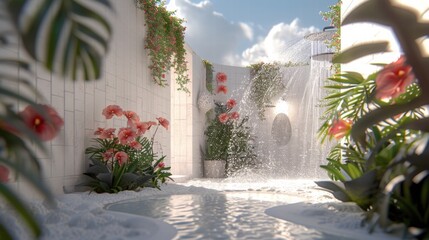 Tranquil Garden Oasis with Waterfalls and Blossoming Flowers