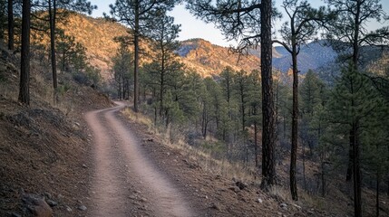Obraz premium A winding dirt road travels through a mountain forest landscape