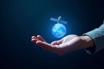 Exploring satellite technology and global impact digital scene hand perspective modern concept