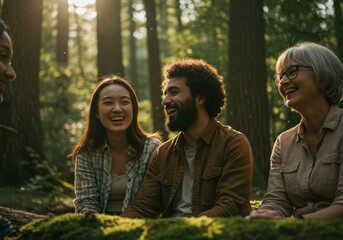 Diverse group enjoying nature and laughter in forest setting under sunlight