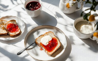 Toasted Bread with Cream Cheese and Berry Jam on White Plates in Bright Natural Light