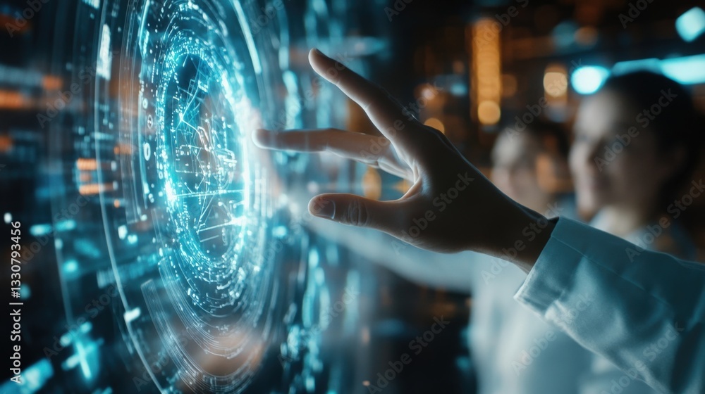 Poster scientist interacting with a futuristic circular touchscreen interface displaying complex data visua