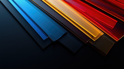 Blue, Red, Gold, and Black Glass Sheets and Panels Arranged in an Angular Pattern on the Right Side with Transparent Texture, Gradient Colors, and Smooth Light Reflections Against a Black Background