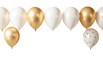 Elegant gold and white balloons floating against a white background. The arrangement includes glossy and polka-dotted designs. Celebration and party concept. Ai generative