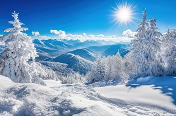 Stunning Winter Landscape with Snow-Covered Mountains, Clear Blue Sky, and Bright Sunlight Emitting Warmth in a Peaceful Outdoor Scene