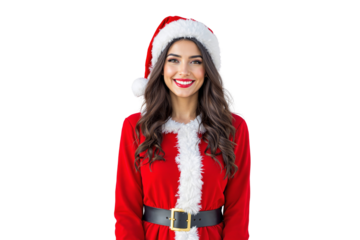 Happy woman wearing a Santa Claus outfit with a red hat and white fur trim, smiling brightly. Isolated on a white background. Christmas holiday concept. Ai generative