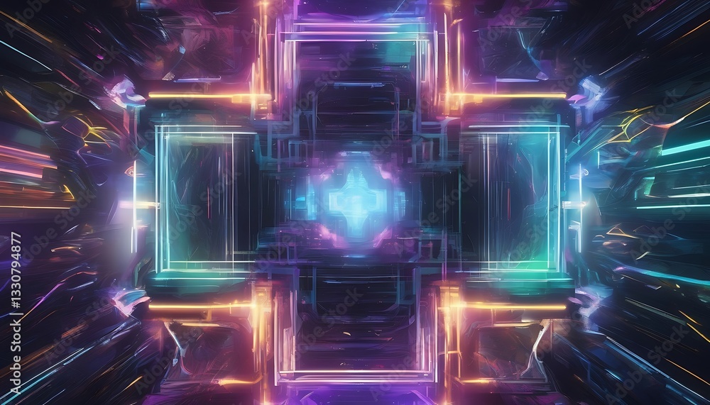 Poster neon grid: a vibrant, intricate neon grid showcases a complex network of glowing lines and geometric