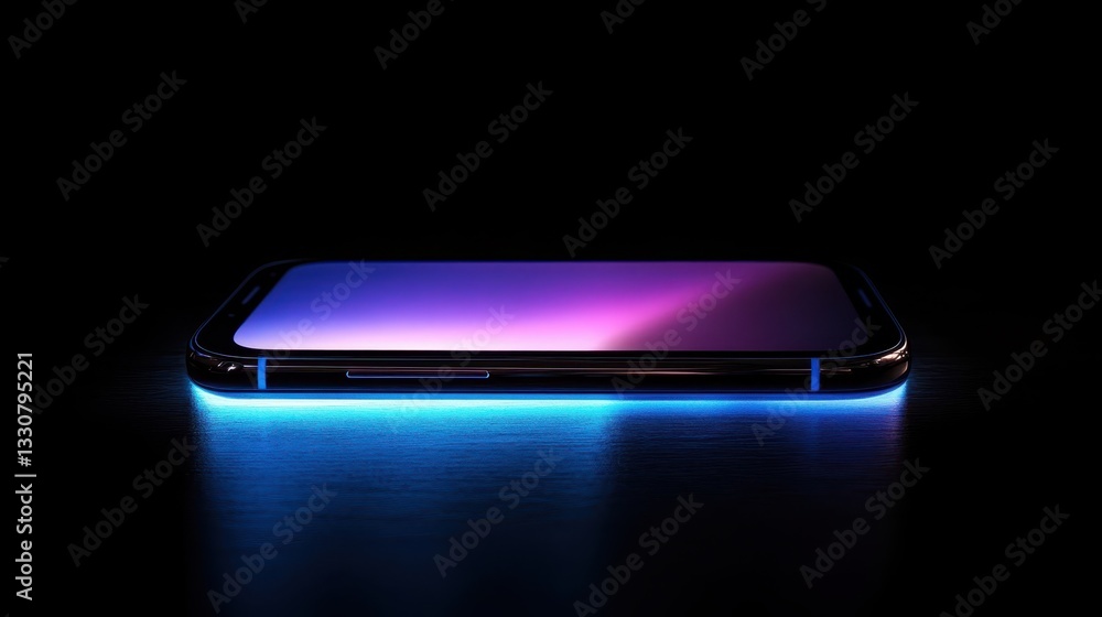 Poster illuminated smartphone showing a bright gradient display on a dark surface
