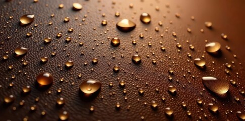 Clear droplets beading on rich, textured brown leather , background, photography, spill
