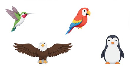 Colorful cartoon birds and animals on white background