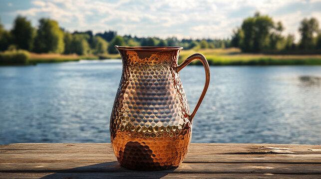 Copper pitcher vintage hammered texture placed near tranquil lake water reflections scenic nature background rustic elegance traditional craftsmanship outdoor aesthetic decor glow design mockup