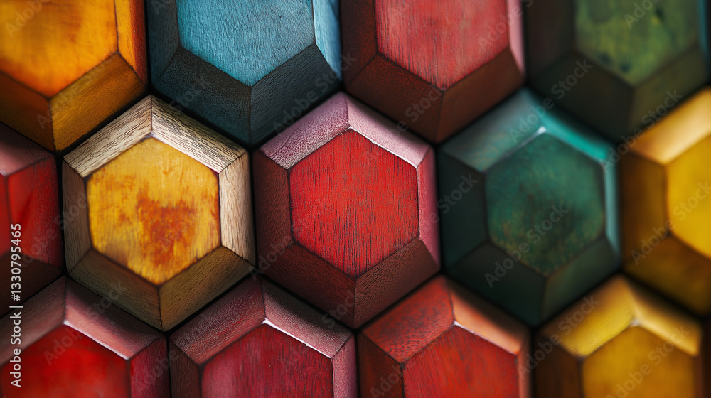 Poster close-up of colorful wooden blocks arranged in an intricate pattern, symbolizing the complexity and 