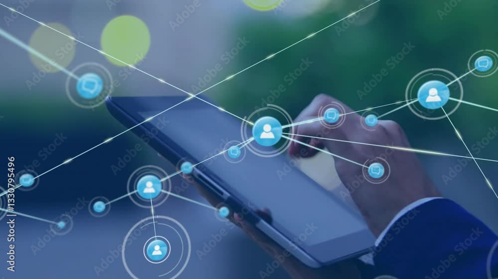 Aufkleber using tablet, person interacting with digital icons and network animation