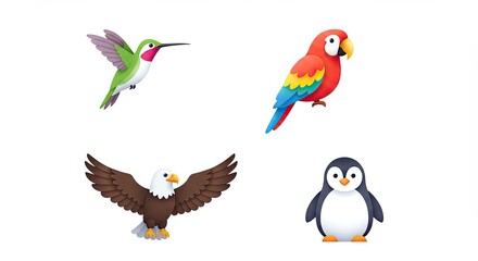 Colorful animal icons: hummingbird, parrot, eagle, penguin illustration collection