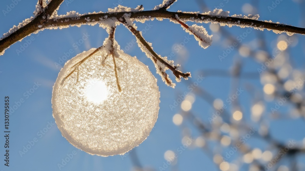 Poster sunlight shining through a frosted ice sphere on a tree branch