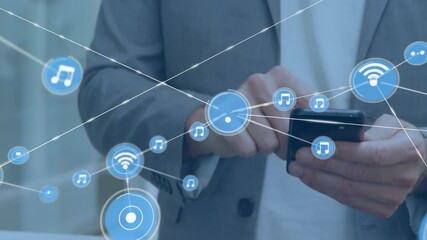 Using smartphone, person interacting with digital music and connectivity animation - Powered by Adobe