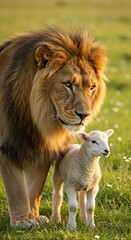 Fototapeta premium Lion and lamb peacefully coexisting in serene nature setting