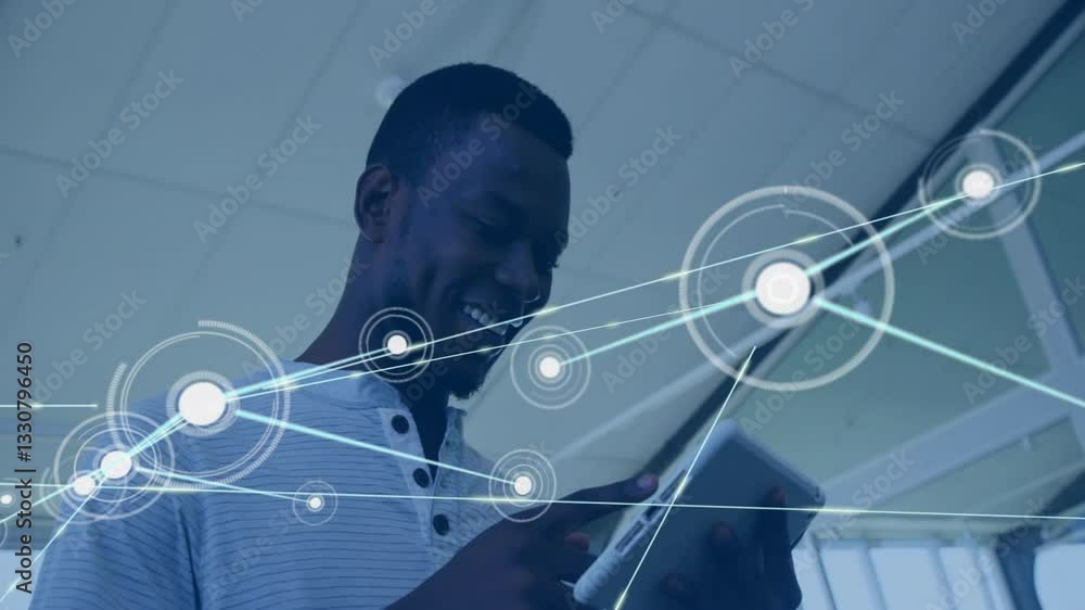 Poster using tablet, man exploring digital network connections in virtual environment