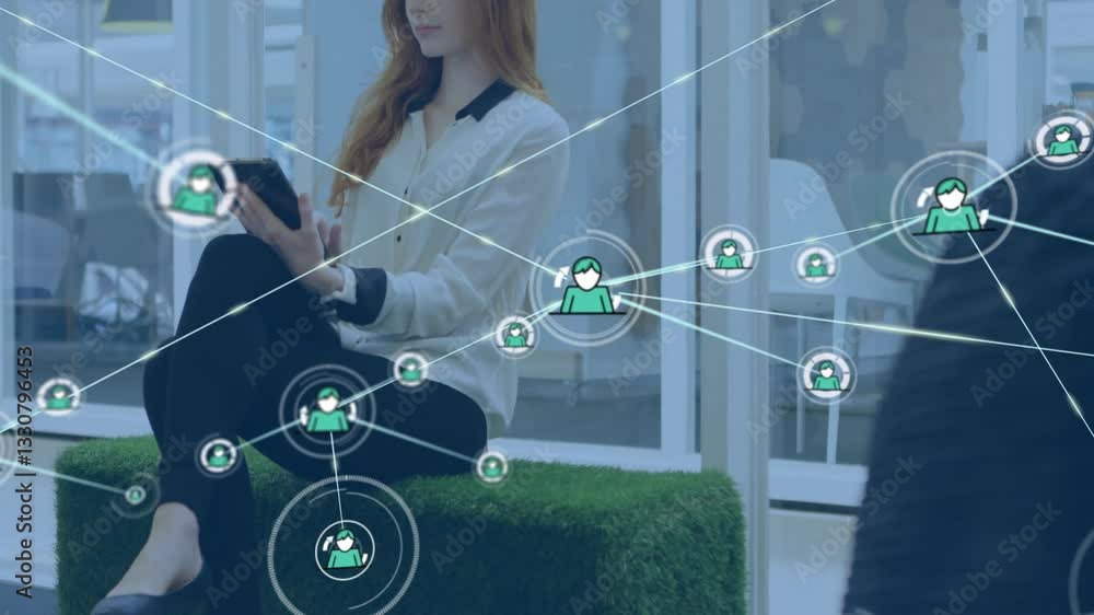 Poster network of connections and data processing animation over woman using tablet