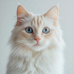 Captivating Blue-Eyed Fluffy White Cat Portrait with Lively Expression and Elegant Features