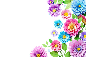 Floral composition of vibrant layered paper flowers with green leaves on a white background. Decorative design for greeting cards and invitations. Ai generative