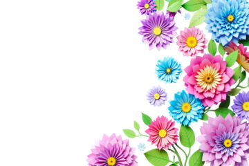 Floral composition of vibrant layered paper flowers with green leaves on a white background. Decorative design for greeting cards and invitations. Ai generative