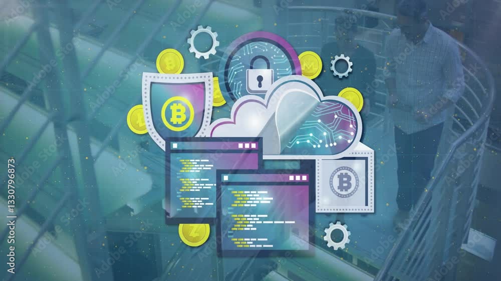 Poster digital network background with cloud computing and cryptocurrency animation symbols