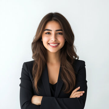 portrait of a Arabian Indian Pakistan female TV news presenter business woman smiling brown hair wearing dressed elegantly formal on a grey background AI Generate