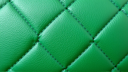 Fototapeta premium Green artificial leather surface texture, stitched in the form of rhombuses, squares, rectangles. Quilted eco-leather. 