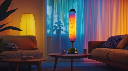 A colorful lava lamp is illuminating a modern living space