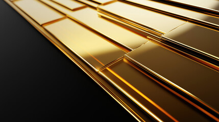 Gold Glass Sheets and Panels Arranged in an Angular Pattern on the Right Side with Transparent Texture, Gradient Color, and Smooth Light Reflections Against a Black Background