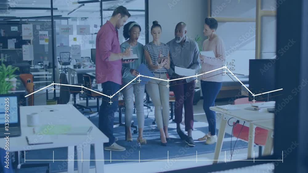 Poster diverse team discussing data analysis with graph animation over office scene