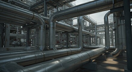 Naklejka premium Industrial pipeline maze: intricate network of metallic pipes in modern oil refinery