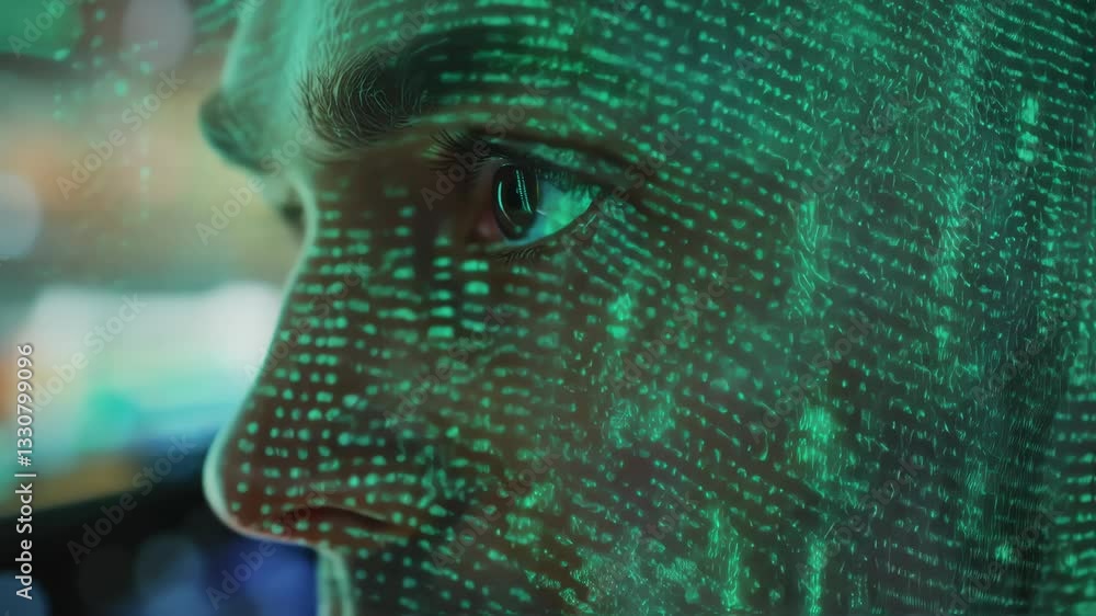 Poster green digital binary code numbers are projected and moving on the face of a businessman looking at a