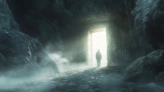 Ethereal Resurrection Vision Depicting the Miraculous Revival of Lazarus with a Mysterious Tomb Gateway and a Reverent Figure Amidst Divine Light