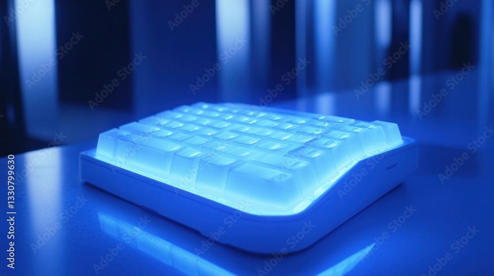 Poster illuminated keyboard resting on a surface with surrounding blue lighting