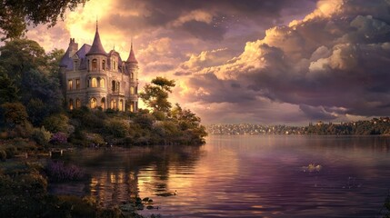 Obraz premium Majestic castle on lake at sunset, reflected in calm water, dramatic clouds.