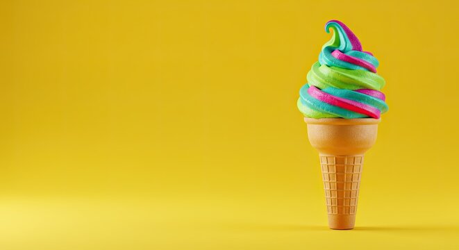 Colorful rainbow ice cream cone on vibrant yellow background