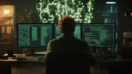 Focused Developer Coding on Multiple Screens at Night with Christmas Lights in Background - Powered by Adobe