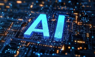 Glowing ai logo on a circuit board represents advanced machine learning, neural networks, and the transformative power of artificial intelligence